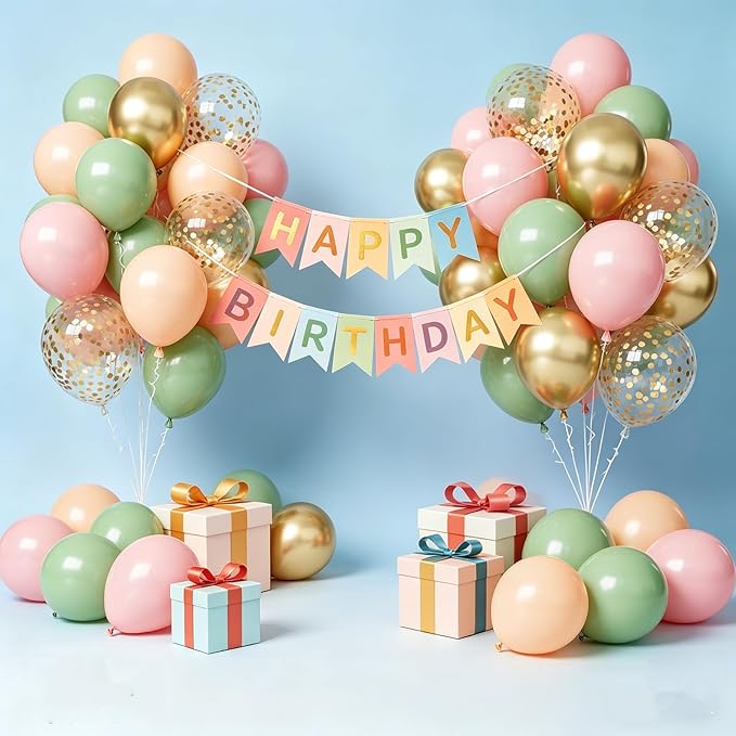 Pink and Green Balloons, 12inch 65Pcs Retro Green and Pink Balloons with Metallic Gold for Birthday Bridal Shower Baby Shower Decorations