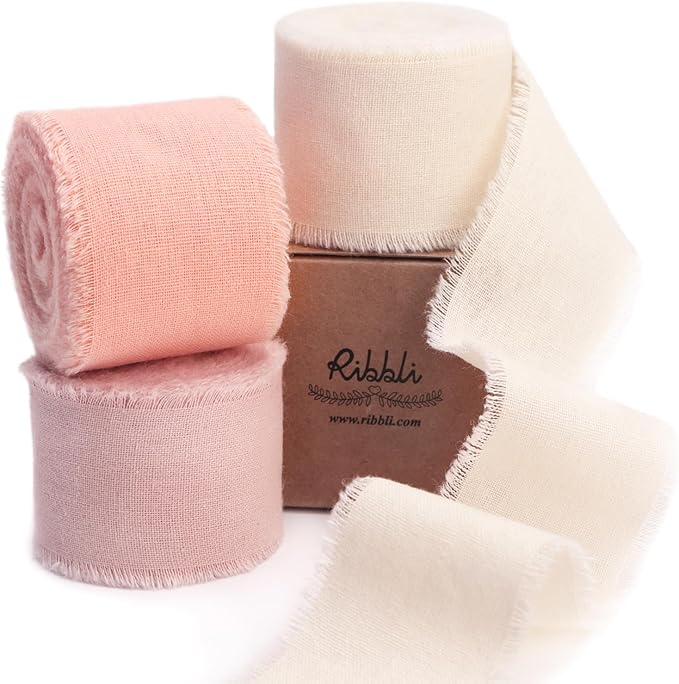 Ribbli 3 Rolls Pink Ribbon 1.5 Inch x 18Yards Ivory Blush Dusty Pink Handmade Cotton Frayed Fringe Ribbons for Gift Wrapping Wedding Invites Bridal Bouquets Baby Shower DIY Crafts Home Decor