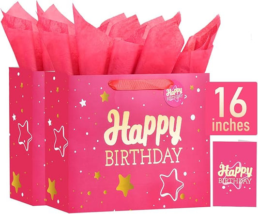 Powbrace 16" Pink Happy Birthday Gift Bag with Tissue Paper and Greeting Card for Party,Happy Birthday Gift Bag for Men Women,Gift Bags Extra Large(2 PCS Pink Hot Stamping)