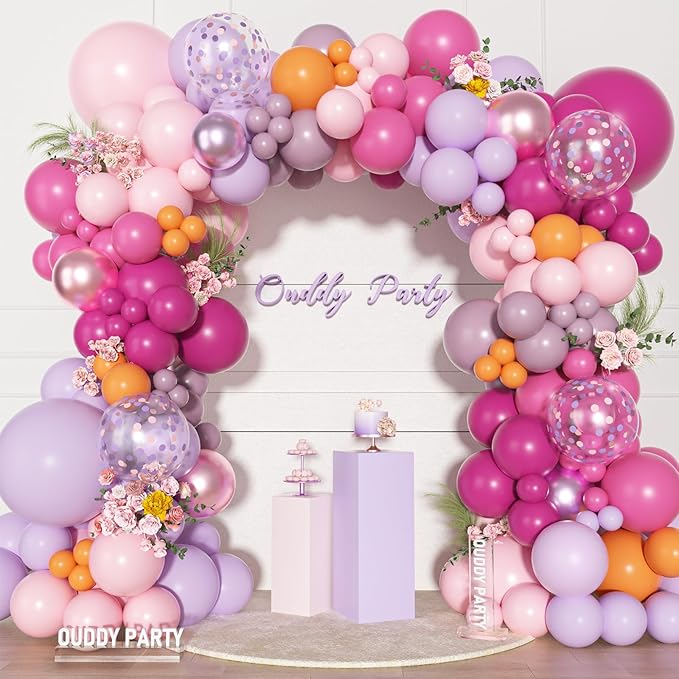 Ouddy Party Pink Purple Balloons Garland Arch Kit, Different Sizes 18 12 10 5 Inch Hot Pink Lilac Lavender Orange Magenta Latex Confetti Balloon for Wildflower Birthday Baby Shower Party Decorations