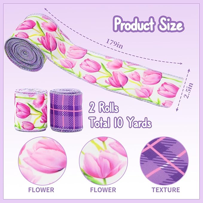 2 Rolls Purple Tulip Wired Ribbon - 2.5 Inch Wide, 10 Yards Total, Elegant Tulip Floral for Wedding Decor, DIY Crafts, Gift Wrapping - Spring-Themed Purple Wired Edge Ribbon