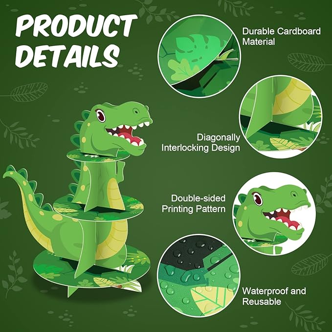 Censen 3 Tier Dinosaur Cupcake Stand Party Decorations Dinosaur Theme Cupcake Holder Decorations Dino Dessert Tower for Kids Jungle Dino Theme Party Birthday Supplies (Lovely)