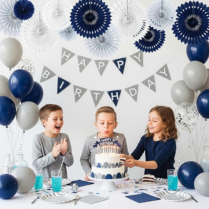 BEISHIDA Blue Gray White Tissue Hanging Honeycomb Round Paper Fans Decoration Set for Graduation Men Boy Birthday Navy Wedding Backdrop Fathers Day Baby Shower Party Supplies(11 Packs)