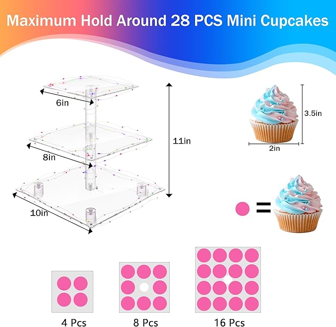 YestBuy 3 Tier Cupcake Stand - Premium Cupcake Holder - Acrylic Cupcake Tower Display - Acrylic Display for Pastry + LED Light String - Ideal for Weddings, Birthday Parties(Multicolored)