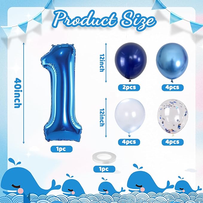 Dark Blue Number 1 Balloon 40 Inch, Large Balloon 1 with Metallic Light Navy Blue Silver Confetti Balloon, Self Inflating Helium Foil One Balloons for Boys 1st Birthday Party Baby Shower Decorations