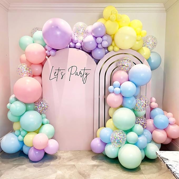 Pastel Balloons Set, 60PCS Macaron Light Pink Yellow Green Blue Purple Balloon, 12 Inch Colorful Confetti Balloons Rainbow Helium for Girls Easter Birthday Wedding Baby Shower Party Decorations