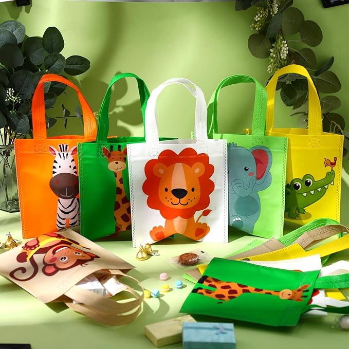Tallew 24 Pack Safari Favor Bags with Handle Non Woven Jungle Animal Treat Goody Bags Lion Tiger Elephant Monkey Crocodile Giraffe Safari Birthday for Kids Party Baby Shower Decorations Supplies