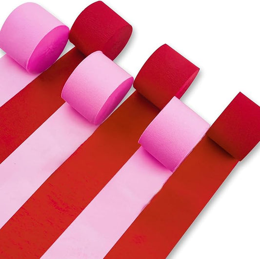 PartyWoo Pink and Red Crepe Paper Streamers 6 Rolls 492 ft Pack of Hot and Red Crepe Paper for Baby Shower Valentine's Day Bachelorette Birthday Party Decorations (1.8 Inch x 82 Ft/Roll)