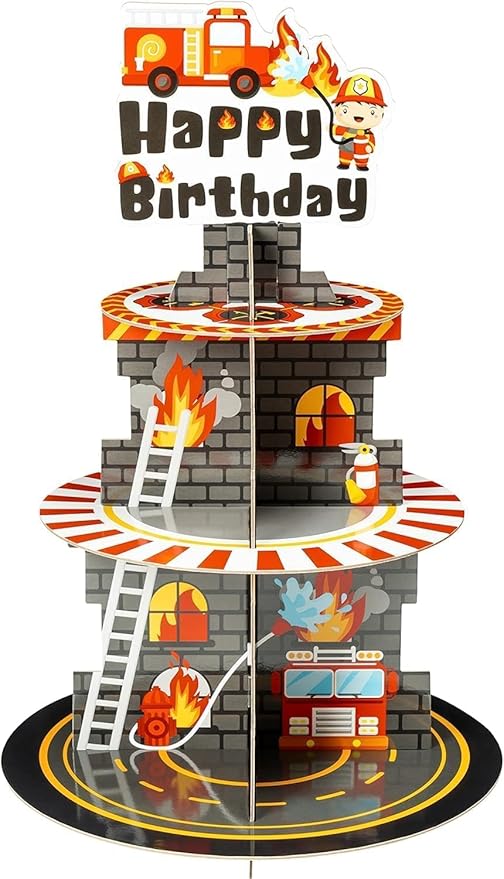 Haooryx Cupcake Dessert Display Stand - 2Pcs 3Tier Firefighter Watercolor Cupcake Tower Cardboard Dessert Table Cake Pop Holder Stand Serving Tray School Baby Shower Birthday Party Decoration Supplies