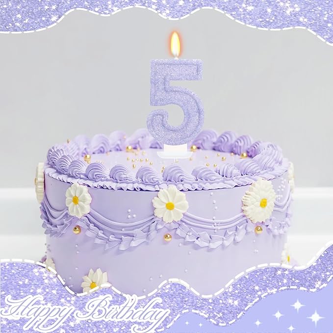 Purple Birthday Candles for Girls - Number 5 Candle Cake Topper for Purple Fairy Birthday Party Decorations