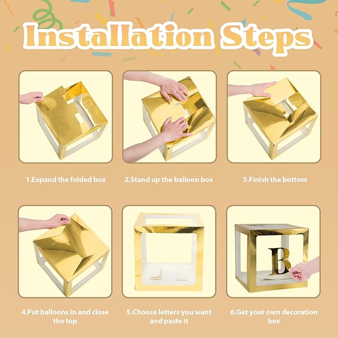 Voircoloria Baby Balloon Boxes Decorations With 78 Letters, 6 Gold Boxes for Custom Baby Shower Wedding Graduation Birthday Gender Reveal Decorative Blocks(6PCS Gold)