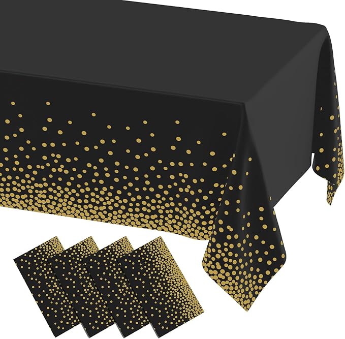 misaya 4 Packs Dot Disposable Table Cloth, 54 x 108 Inch Waterproof Plastic Tablecloth, Rectangle Gold Dots in Black Table Covers for Picnic, Birthday, Party