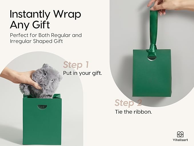Vitalizart Paper Gift Bags With Ribbon Handles Set of 10 Green Bulk Reusable For Gift Wrap Girls Kids Birthday Bridal Shower Party Favors Goodie Bags Candy Christmas 5.91"x3.54"x7.28" Small