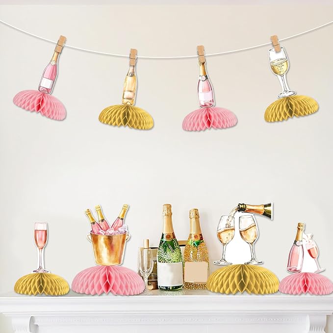 Jollyboom Champagne Table Honeycomb Centerpieces, 8pcs Pink and Gold Champagne Party Decorations Table Honeycomb Centerpieces Wine Bottle Table Topper for Women Wine Themed Party Supplies