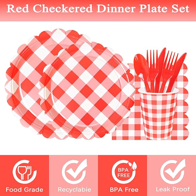 175 Pcs Red Scalloped Gingham Party Supplies for 25 Guests, Red and White Checkered Paper Plates, Cups and Napkins Sets for Baby & Bridal Shower, Wedding, Birthday Party, Outdoor Picnic