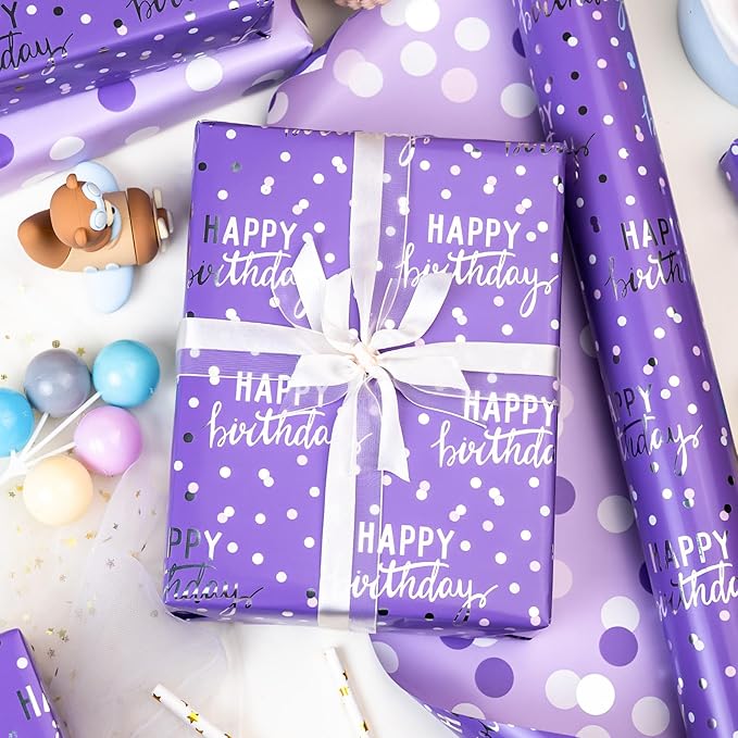 MAYPLUSS Birthday Wrapping Paper Roll - 17 Inch X 16.5 Feet - Purple Glitter Happy Birthday Lettering Metallic Foil Paper Girl Gift Wrap w/Polka Dot for Party