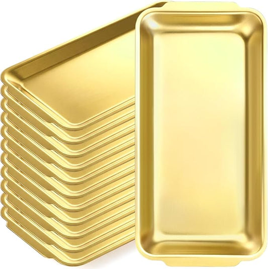 Gold 12 Pcs Small Stainless Steel Serving Tray Bulk 8.66'' x 4.33'' Rectangle Stainless Steel Food Serving Platter with Handle Vanity Tray Decorative Party Plate for BBQ Buffet Appetizer