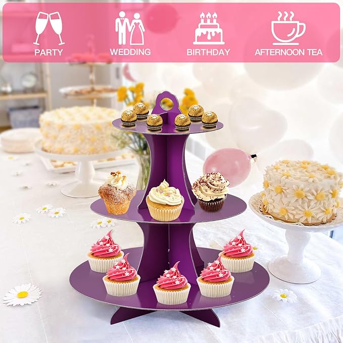 Soleebee 3-Tier Round Cupcake Stand, Cardboard Cupcake Tower, Dessert Cup Cake Stand Tower for Birthday Wedding Party Decoration, Cupcake Tier Stand 2 Set (Purple)