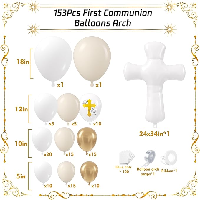 First Communion Balloon Garland Kit 153Pcs, Baptism Balloon, White Sand Gold Nude Bautizo Balloons Arch Kit for First Holy Communion Baptism God Bless Christening Party Birthday Supplies