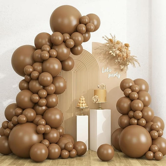 RUBFAC 135pcs Brown Balloons Different Sizes Pack of 18 12 10 5 Inch, Latex Boho Neutral Coffee Tan Balloon Garland Arch Kit for Baby Shower Jungle Safari Fall Birthday Bear Themed Party Decorations
