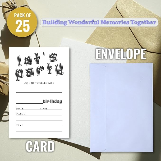 Let's Party Birthday Invitations, Simple Black and White Design Invites with Envelopes for Kids Boys Girls Teens, 25 Pcs 4x6 Inch (Black Simple)