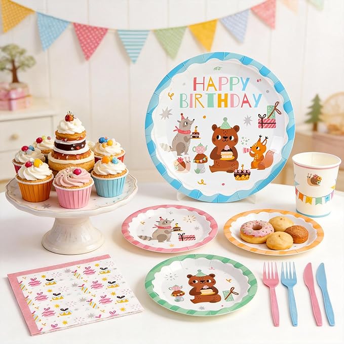 144Pcs Forest Woodland Animal Birthday Party Supplies Decorations Paper Plates Napkins Vintage Party Tableware Disposable Jungle Dinnerware Set for Kids Birthday Baby Shower Table Decor, Serve 24