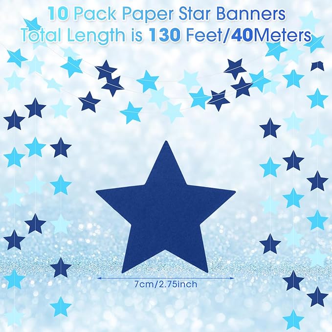 Patelai Glitter Star Garland Banner 2026 Graduation Decor 130 Feet Star Hanging Banner Twinkle Backdrop for Party Birthday Classroom Wedding Supplies(Ocean Blue)