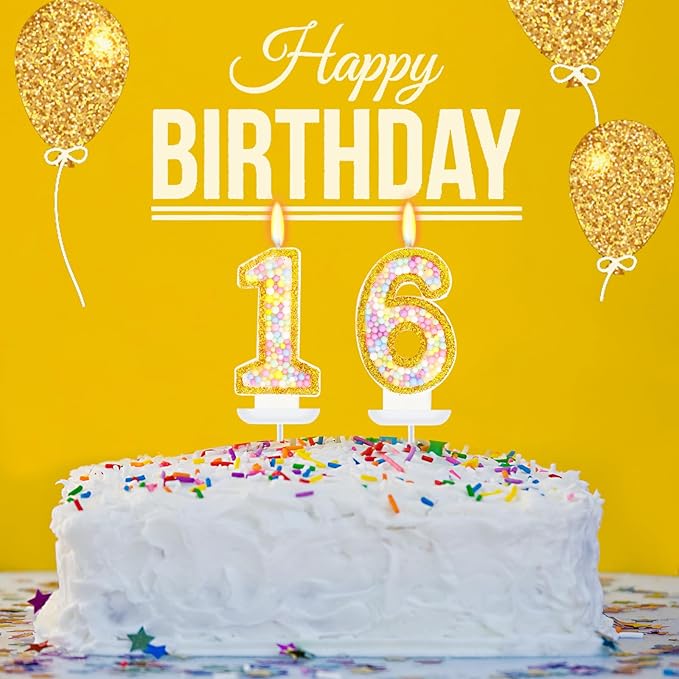 16th Birthday Candle for Cake, Colorful Macaron Numeral Candles for Boys/Girls, Birthday Party Cake Decorations, Golden Cake Topper for Birthday Party Supplies (Number 16)