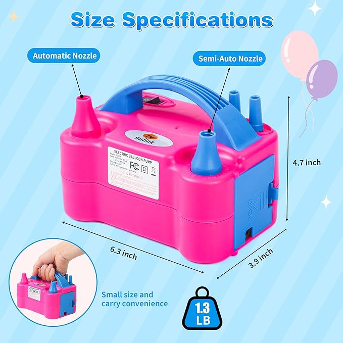 Balloon Pump Electric Portable Dual Nozzle Air Pump for Balloons Blower Pump Inflator for Decoration, Birthday Party [110V~120V, 600W, Bright Pink]