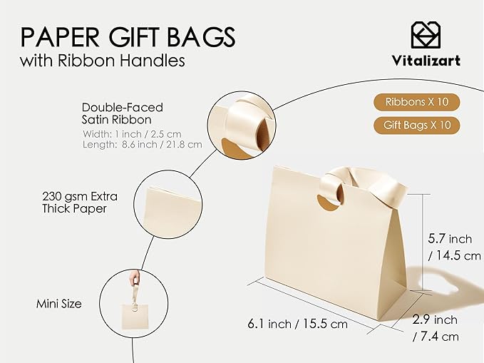Vitalizart Paper Gift Bags With Ribbon Handles Set of 10 Assorted Colors Bulk Reusable For Gift Wrap Girls Kids Birthday Bridal Shower Party Favors Goodie Bags Candy Christmas 6.1"x2.95"x5.71" Mini