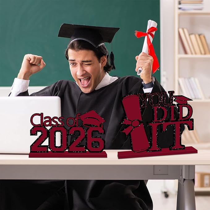 4Pcs Maroon and Black Graduation Decorations Class of 2026 Congrats Grad Wooden Table Centerpieces Grad Table Toppers Congratulate Tiered Tray Decor for 2026 Graduation Decorations