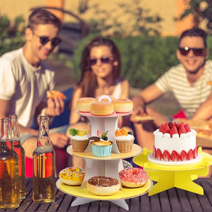 6 Pieces Colorful Cupcake Stand Set 3 Tier Cardboard Dessert Tower 1Tier Cupcake Display Stand Serving Cupcake Holder for Birthday All Themed Party Events Cake Display, Pink, Blue, Yellow