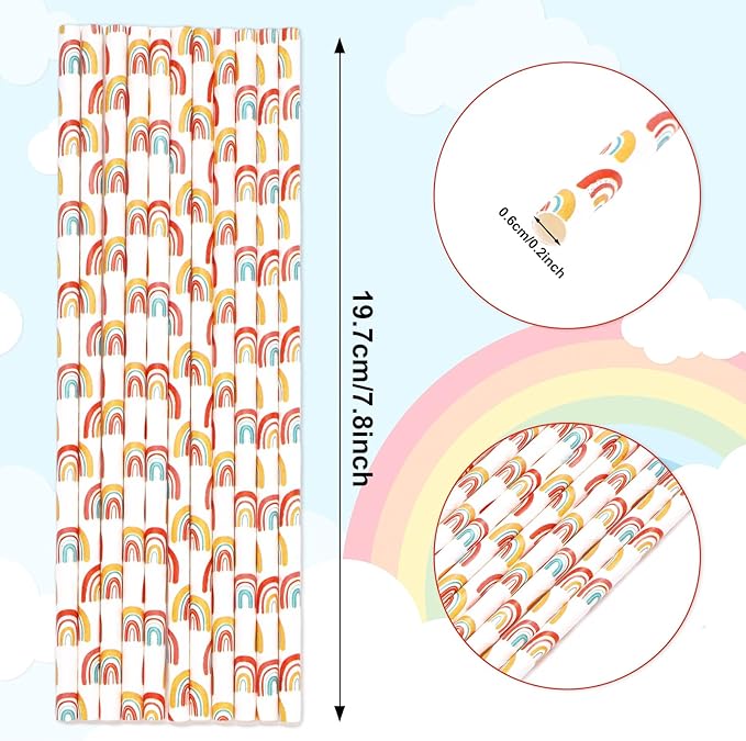 Whaline 200Pcs Boho Straws Rainbow Paper Straws Colorful Rainbow Drinking Straw Retro Groovy Disposable Straw for Birthday Party Supplies Beverages Cocktail Decorations