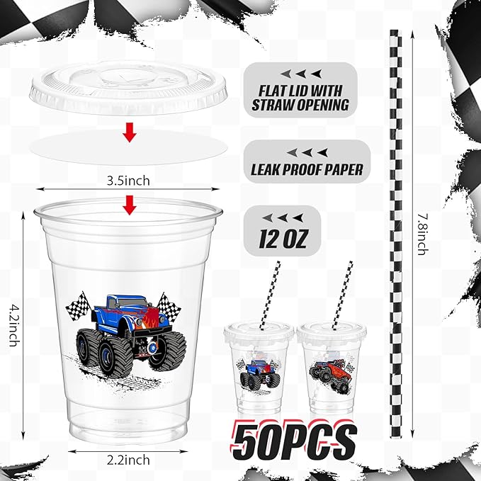 Teenyyou 50 Pcs 12 oz Disposable Plastic Cups with Straws, Lids and Leakproof Paper Clear Birthday Party Cups Supplies Birthday Table Decorations(Monster Truck,Black, White)