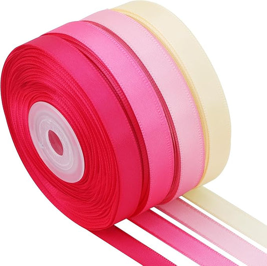 TONIFUL 3/8 Inch Pink Satin Ribbon 4 Rolls 100 Yards Pink White Thin Ribbon for Gift Wrapping Flower Bouquet Crafts Bridal Baby Shower Birthday Wedding Valentines, Mother's Day Decor (25Yd/Roll)