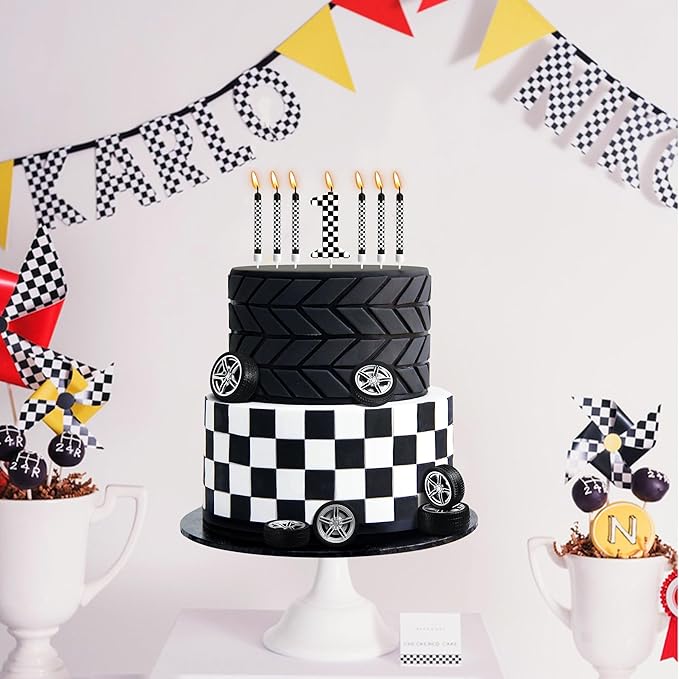 13 Pcs Racing Cars Themed Birthday Candles, Black and White Checkered Birthday Cake Candles, Numeral 1 Candle Wheel Tire for Racing Car Party Decoration Theme Party Supplies (Number 1)