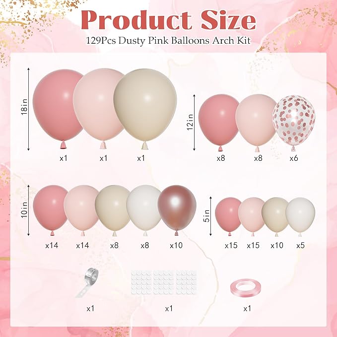 Ouddy Party Dusty Pink Balloons Arch Garland Kit, Different Sizes 18 12 10 5 Inch Boho Pink White Sand Latex Metallic Confetti Balloon for Girl Baby Shower Mothers Day Birthday Party Decorations