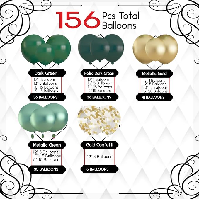 Archloon 156pcs Green and Gold Balloon Garland Arch Kit, Different Sizes 18 12 10 5 inch Green Latex Metallic Confetti Balloons for Graduation Birthday Anniversary Safari Party Decoration Supplies
