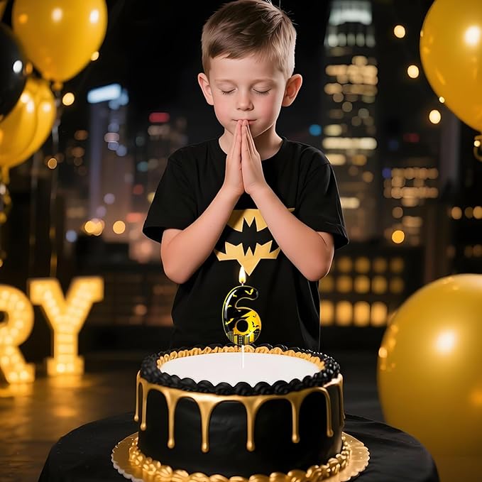 Black Yellow Number 6 Birthday Candle for Cake – Dark Night Hero Style with Bat & City Silhouette Design – Unique Cake Topper for Birthday, Anniversary, Themed Party Decoration