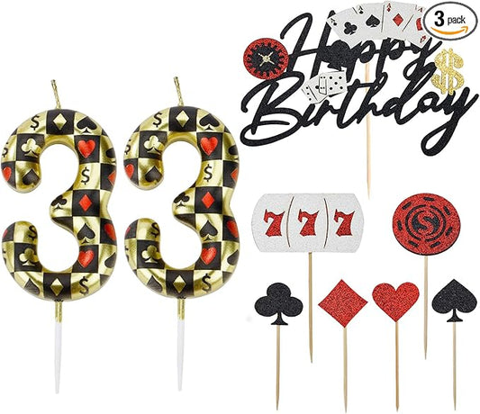 Casino Birthday Number Candles for Cake, Poker Birthday Candles for Casino Themed Birthday Party Decoration, Glitter Casino Birthday Cake Topper for Casino Night Theme Birthday Cake(Number 33)