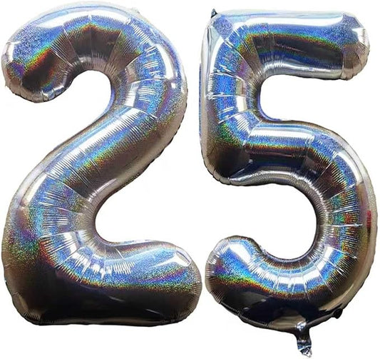 Laser Silver Number 25 Balloons 40 Inch Giant Number Silver 25 Foil Mylar Balloons for 25th Birthday Anniversary Events Party Decorations