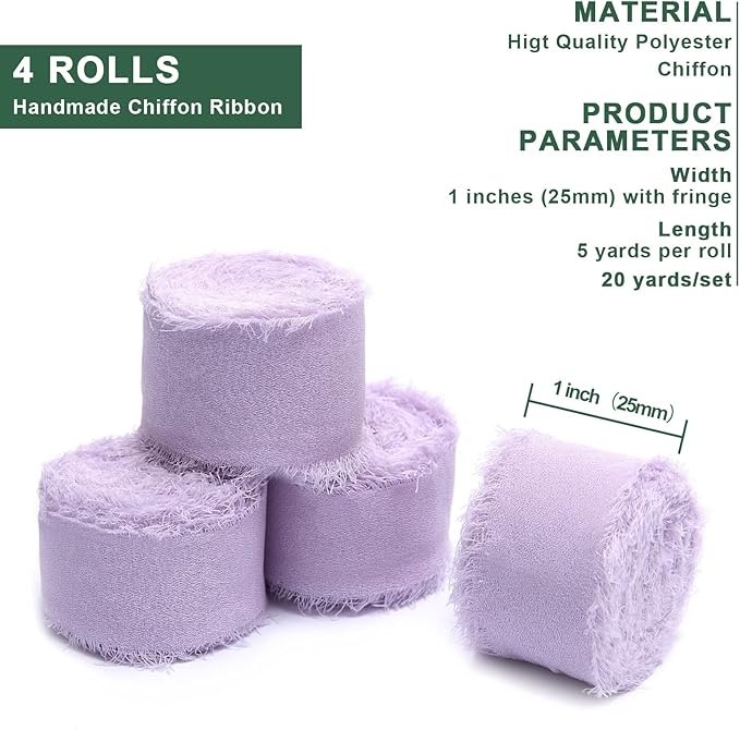 4 Rolls Light Purple Handmade Fringe Chiffon Silk Ribbon 1" W x 5Yd Per Roll,Frayed Edges Ribbon Set for Gifts Wrapping,Wedding Invitations,Bouquets,DIY Crafts (1" x20Yd, Light Purple)