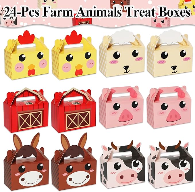 24 Pack Farm Animal Party Favor Boxes Farm Theme Birthday Goodie Boxes Farmhouse Animals Candy Christmas's Day Gift Bags Barnyard Candy Treat Boxes for Girls Kids Baby Shower Birthday Party Supplies