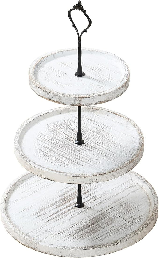 Wooden Cupcake Stand 3 Tiers, Rustic, 50 Cupcakes, Round Tiered Dessert Display, Wedding/Birthday Party, White