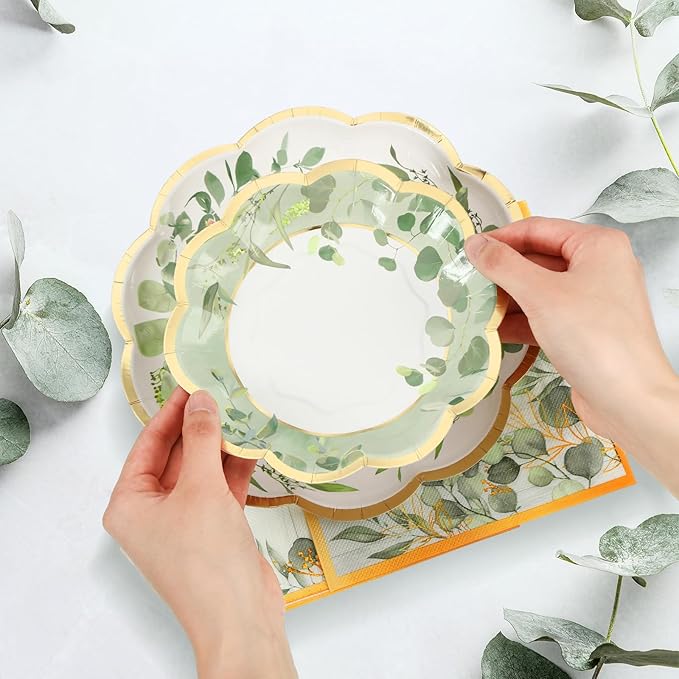 Tanlade 96 Pcs Sage Green Eucalyptus Theme Party Supplies Plates and Napkins Serve 24, Disposable Eucalyptus Paper Scalloped Dinner Plates 2 Ply Paper Napkins for Wedding Bridal Shower