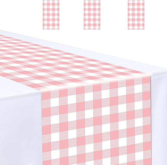 3 Pcs Light Pink and White Checkered Table Runner Plastic 14 x 108 Disposable Baby Pink Gingham Table Runner for Birthday Wedding Baby Shower Party Table Centerpiece Decorations