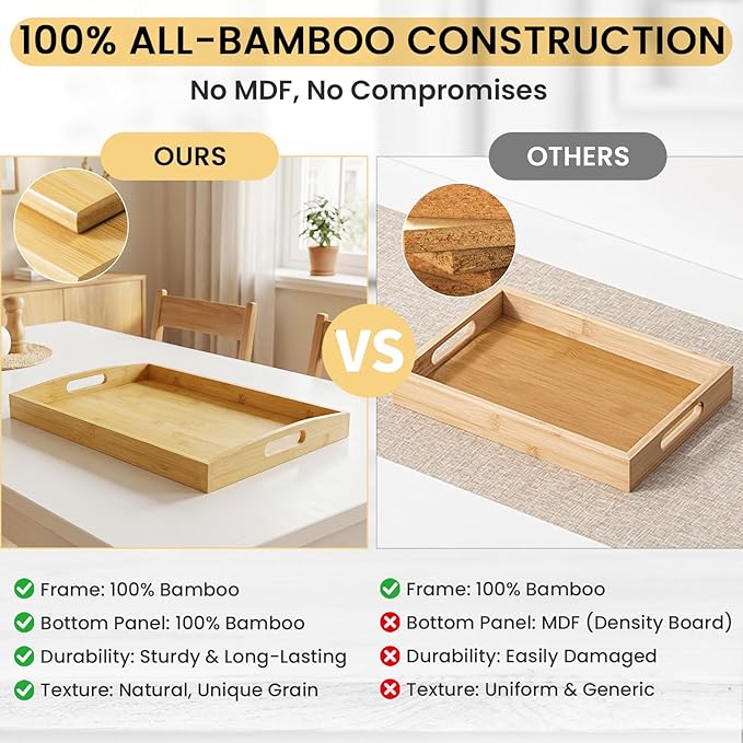 Bamboo Serving Tray with Handles Set of 3 - Decorative Wooden Trays for Eating, Working, and Storing, Suitable for Use in Bedroom, Living Room, Kitchen, Bathroom, Outdoor Scenarios and More