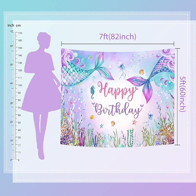 Mocsicka Mermaid Birthday Backdrop and Tablecloth Bundle Party Decorations