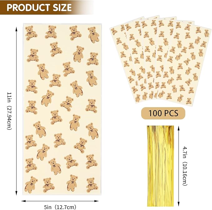 100 Pcs 5x11 Inch Cellophane Bags with 100 Gold Twist Ties, Little Bear Printed Clear Candy Bags, Food-Safe for Valentine's Day, Birthday, Christmas, Ideal for Cookies, Snacks & Party Favors