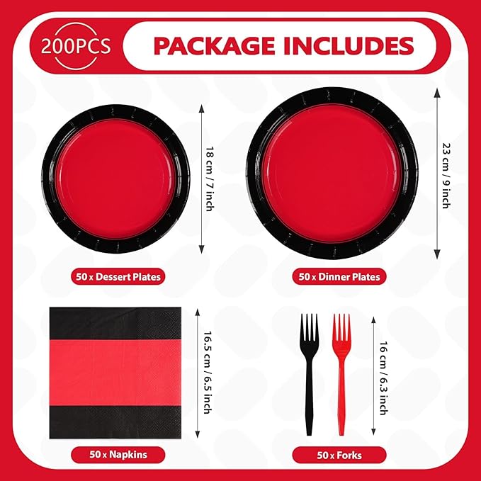 Grencian 200Pcs Red and Black Party Decorations Graduation Red and Black Plates and Napkins Disposable Stranger Tableware Set for Congrats Grad Fiesta Holiday Birthday Wedding Party Supplies Serves 50